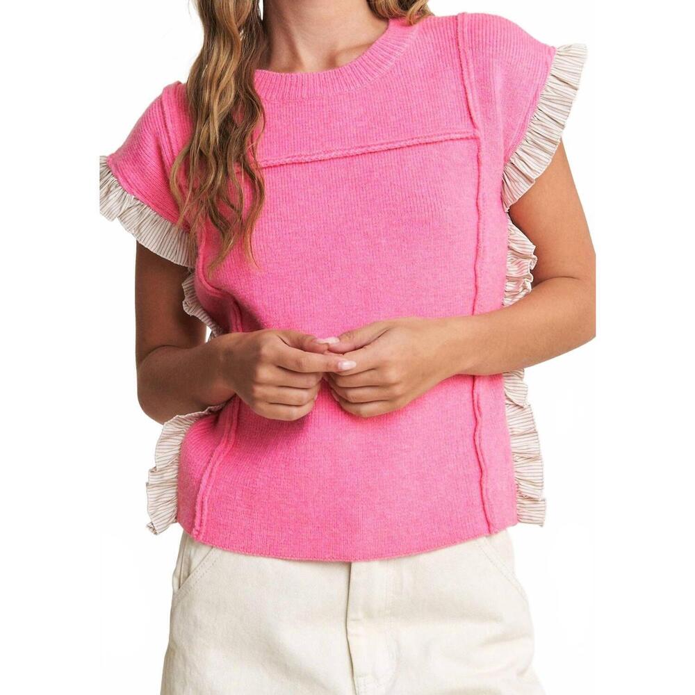 NEW IN THE BEGINNING short sleeve sweater with ruffle contrast in pink
